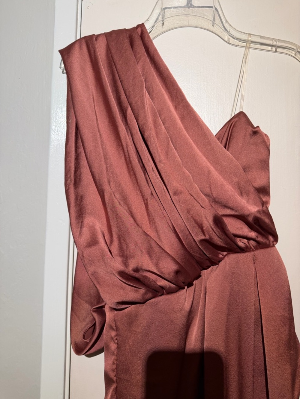 One-Shoulder Rust Satin Evening Dress